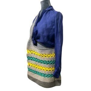 Crossbody tote bag- handmade crochet- gray blue yellow reusable shopping bag